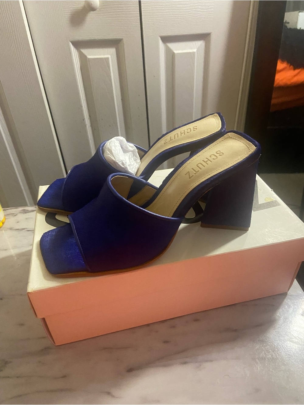 SCHUTZ Cobalt Blue Open-Toe Mule Heels - Picture 5 of 5